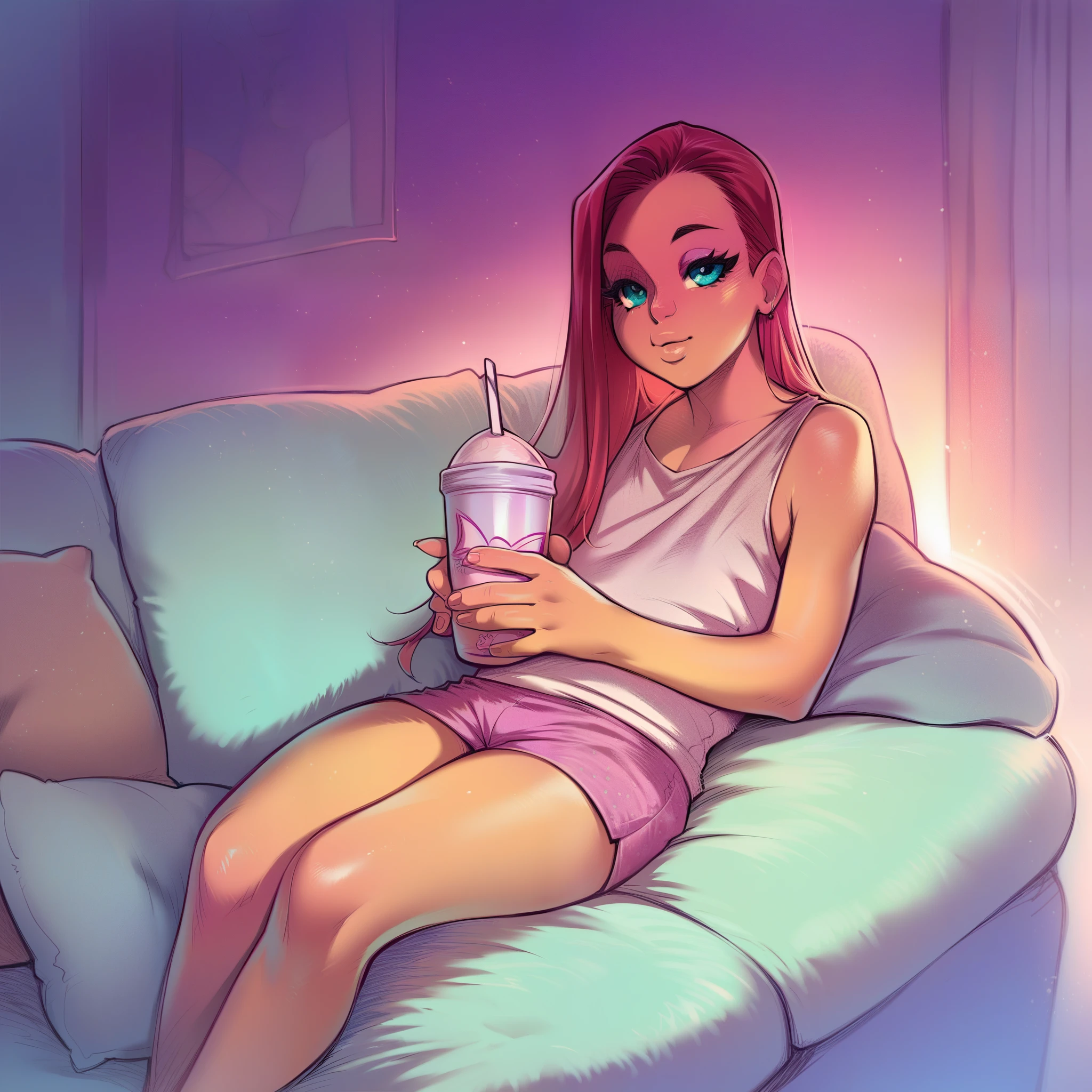 score_9, score_8_up, score_7_up, score_6_up, score_5_up, score_4_up, best aesthetic,high quality, Melkor Mancin, 1girl, girl, childn colors, sitting on a couch, long hair