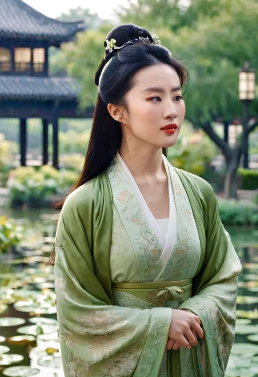 Lin Daiyu stands on a magnificent stone bridge within the Grand View Garden，The golden rays of the setting sun illuminate her sorrowful expression。Beneath the bridge lies a luxurious garden，A garden teeming with exotic plants、Exquisite pavilions and a vast lotus pond。The opulence of the garden contrasts with her sadness，Perfectly showcasing the grandeur of her surroundings and the sorrow within her heart。Peaceful atmosphere，Exquisite Chinese Details | Surreal style，8K Detail，Cinematic lighting，Highly refined，No Time Dissonance ，（RAW photos，Best quality），（reality，照片reality感：1.3），masterpiece，Extremely exquisite and beautiful，high resolution，Original，Perfect lighting，（Extremely detailed CG：1.2），Unite，2k Wallpaper，Amazing，Fine details