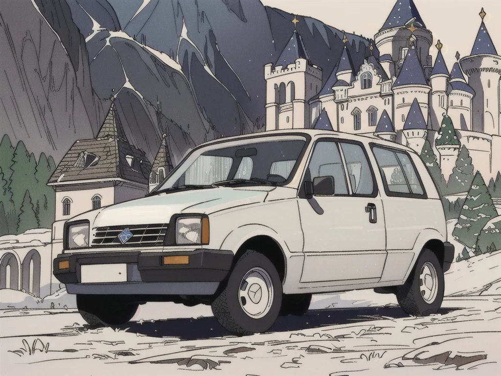 arafed white van parked in front of a castle with a mountain in the background,  prestige, kama russian electrocar, 1984, 1 9 8 4, 1982, 1 9 8 2, 1980, 1 9 8 0, 1985, 1 9 8 5, 1993