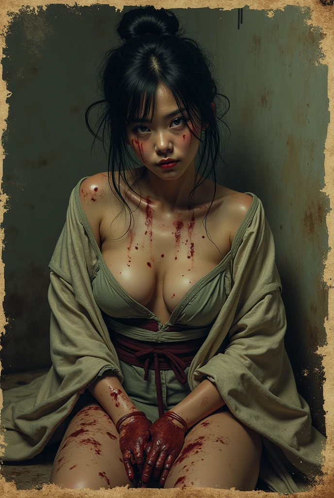 arafed fut sumo fighter woman in kimono with blood on her body, hyperrealistic full figure, extremely detailed woman, hyper realistic illustration, hyperrealistic illustration, pinup art, (real life big fat mom:1.2), heavy ink, hyperrealism concept art, realistic bikini, inspired by Torii Kiyonobu I, yayoi kasuma, pinup body, by Dave Arredondo