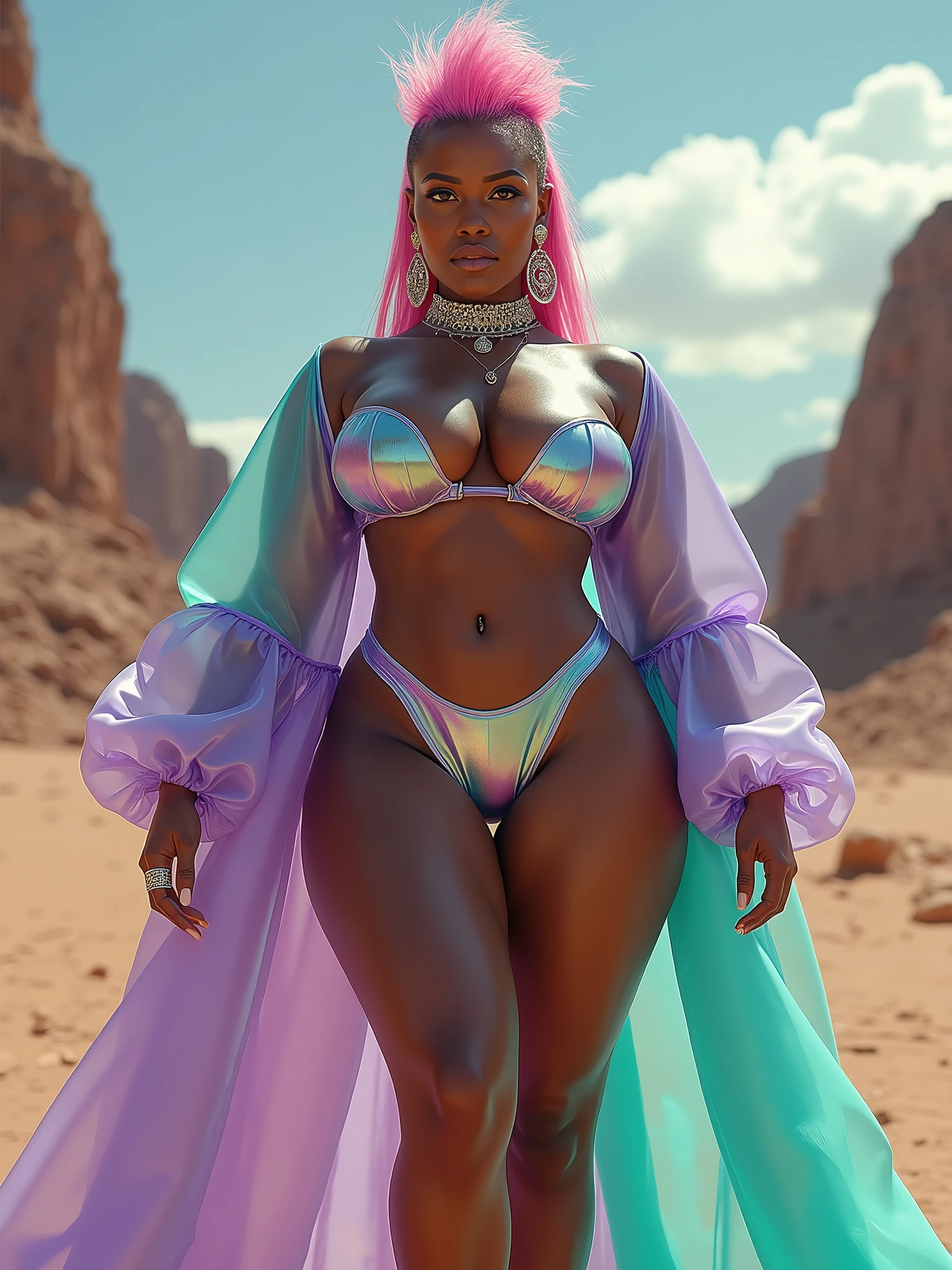 [stanleylau style|basety style|seviechan style|abbe bi style|cherrmous style|anime|othalama style], extremely detailed, amazing, fine detail, absurdres, Masterpiece,ultra high res, Stunning, Symetrical, (Beautiful_Brazilian_Milf_Woman_Belly-Dancer) (Athletic_Thicc_Body_ABS_Thighs), (Suntan-Dark_Skin:1.3), (Shine_Glossy), (Gorgeous_Very_Long_Giant_Curly_Hair_Colored_Iridescent_Fluid_Multiverse_Effects:1.3), (high detailed Skin:1.3), (fleshy luscious lips), (Cleft_Chin), (hollywood lips, wide jaw line, wide lips, narrow beautiful nose, (highly detailed women), extremely detailed eyes and face, iridescent iris, nose stud, (Perfect_Hands), detailed clothes, naughty face, looking at viewer, (wearing Arabian-Belly-Dancer-Clothes-Jewels-Top-and-Skirt and Face-Veil with Iridescent Intricate Fluid Multiverse Effects), (Dancing on Desert Dunes in the Fluid Intricate Space Multiverse :1.3), (Cinematic-light), (nikon d850 film stock photograph 4 kodak portra 400 camera f1.6 lens rich colors hyper realistic lifelike texture dramatic lighting)