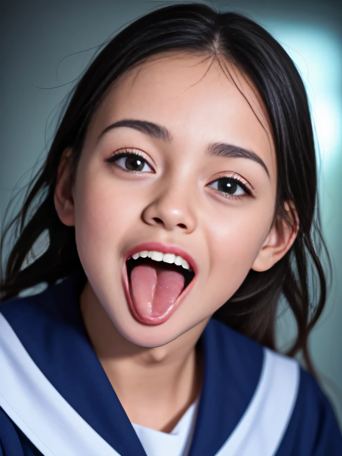 Raw photo , 1 girl  ,Wearing sailor uniform, upper body closeup open mouth and (tongue out:1.6), [uvula visible], perfect teeth , professional photographer, (hdr:1.4), masterpiece, ultra-realistic 8k, perfect artwork, intrincate details, cute face, award winning photograph, (Best quality, 8k, 32k, Masterpiece, UHD:1.3) ,