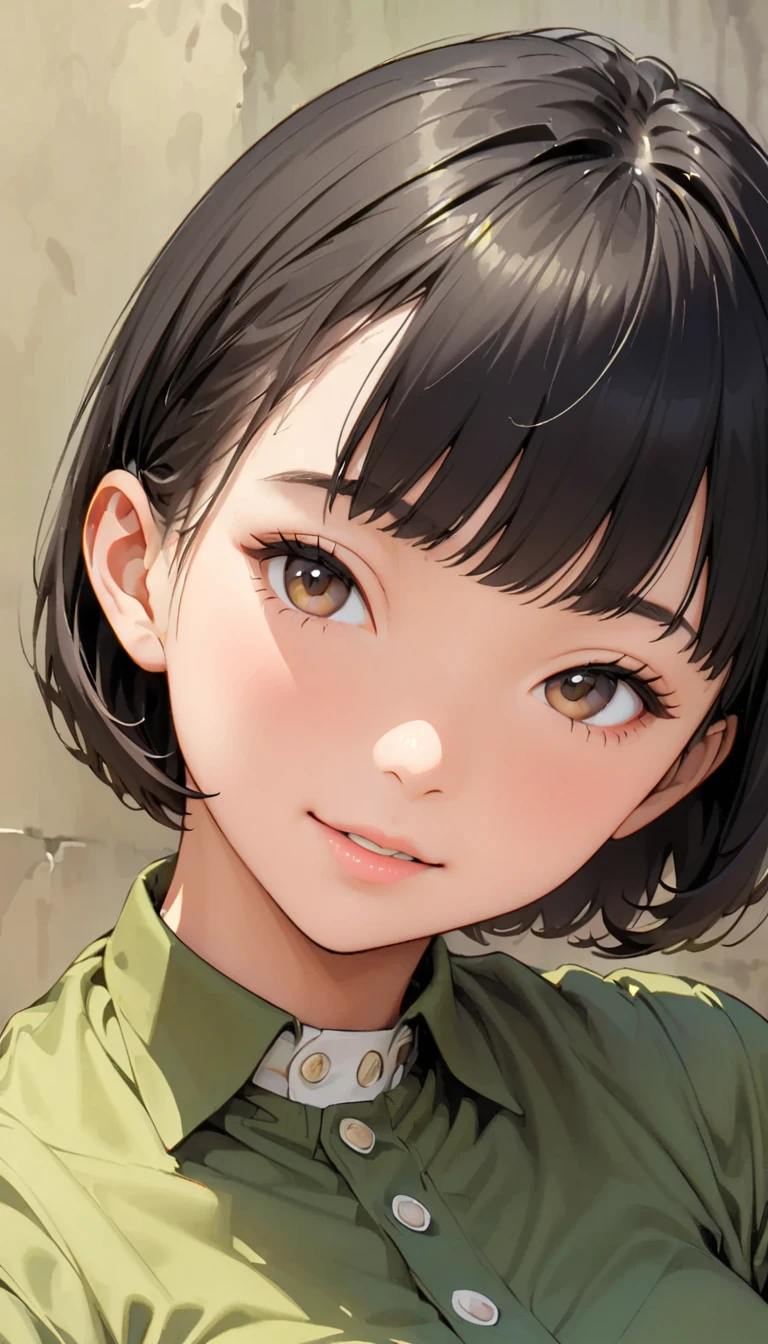 (Highest quality:1.2, Very detailed, up to date, Vibrant, masterpiece:1.2,Best aesthetics), girl, ((Face Up Shot:1.4)), Bobcut, ((Retro, Vintage, Plain background)), Monochrome Art, Anime character line drawing