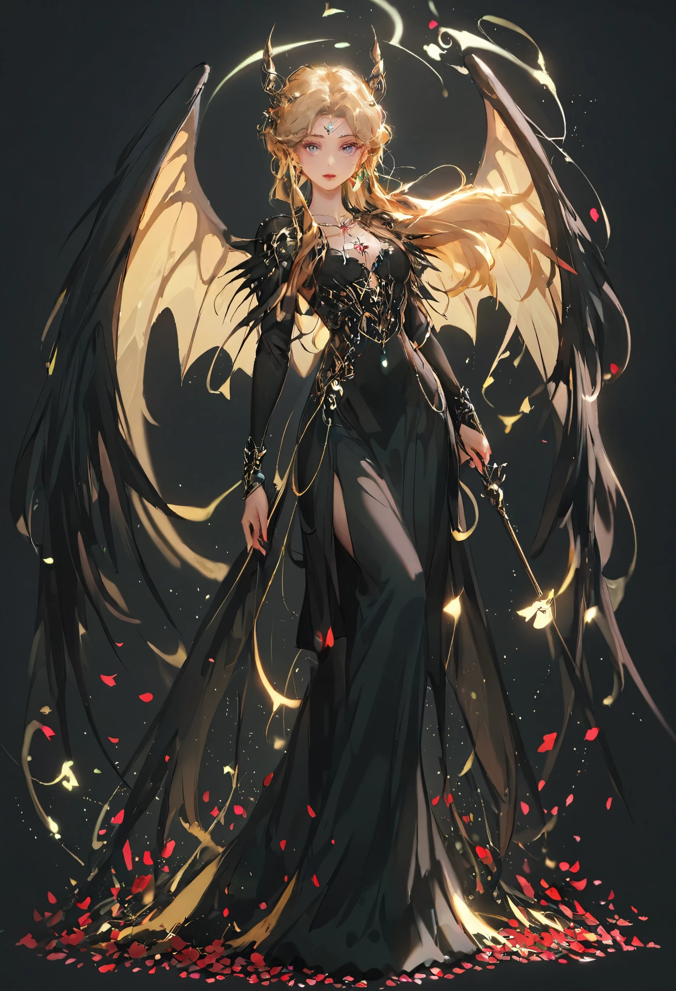 1 full-length portrait of a girl, angelicales, Devil Wings, Gorgeous long dress, Stand on both feet, (((solo))), Clear facial features, simple line design, ((Pure black background)), Tarot card design, Character portrait, ((Flat coating)), (tmasterpiece，Highest quality，Best quality，Ultra-high resolution，Clear facial features，prettyeyes，Pretty Face)，blonde,Dynamic，Rose petals floating in the air
