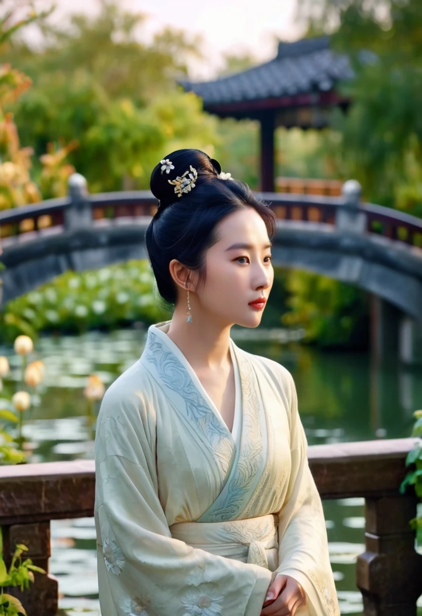 Lin Daiyu, with a sad expression, stands on a magnificent stone bridge in the Grand View Garden，The golden rays of the setting sun illuminate her sorrowful expression。Beneath the bridge lies a luxurious garden，A garden teeming with exotic plants、Exquisite pavilions and a vast lotus pond。The opulence of the garden contrasts with her sadness，Perfectly showcasing the grandeur of her surroundings and the sorrow within her heart。Peaceful atmosphere，Exquisite Chinese Details | Surreal style，8K Detail，Cinematic lighting，Highly refined，No Time Dissonance ，（RAW photos，Best quality），（reality，照片reality感：1.3），masterpiece，Extremely exquisite and beautiful，high resolution，Original，Perfect lighting，（Extremely detailed CG：1.2），Unite，2k Wallpaper，Amazing，Fine details