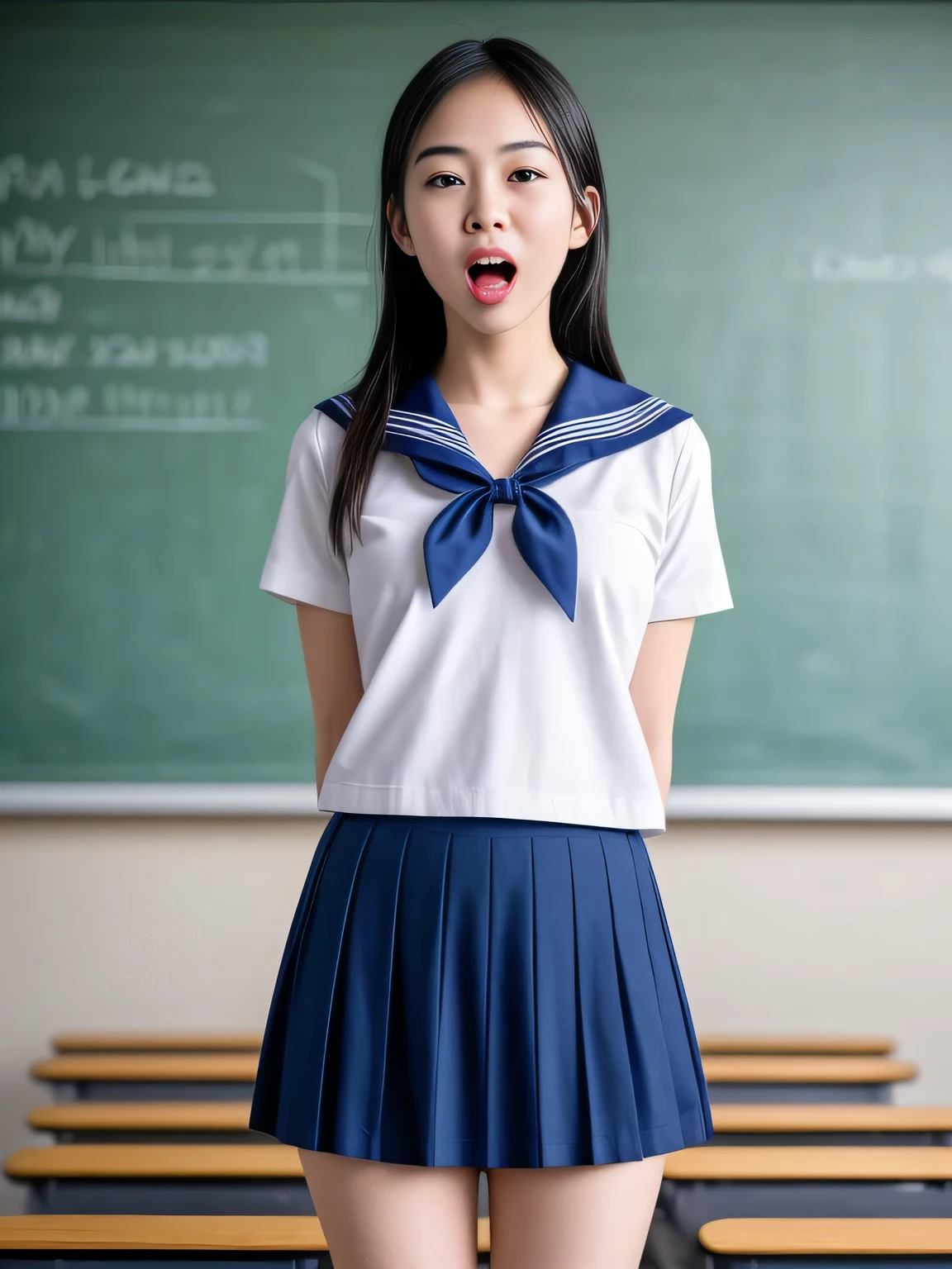 Raw photo , 1 girl  ,Wearing sailor uniform, open mouth and (tongue out:1.6), [uvula visible], perfect teeth ,(((ankle length skirt))), ((teen school girl lifting skirt in the classroom)) , professional photographer, (hdr:1.4), masterpiece, ultra-realistic 8k, perfect artwork, intrincate details, cute face, award winning photograph, (Best quality, 8k, 32k, Masterpiece, UHD:1.3) ,