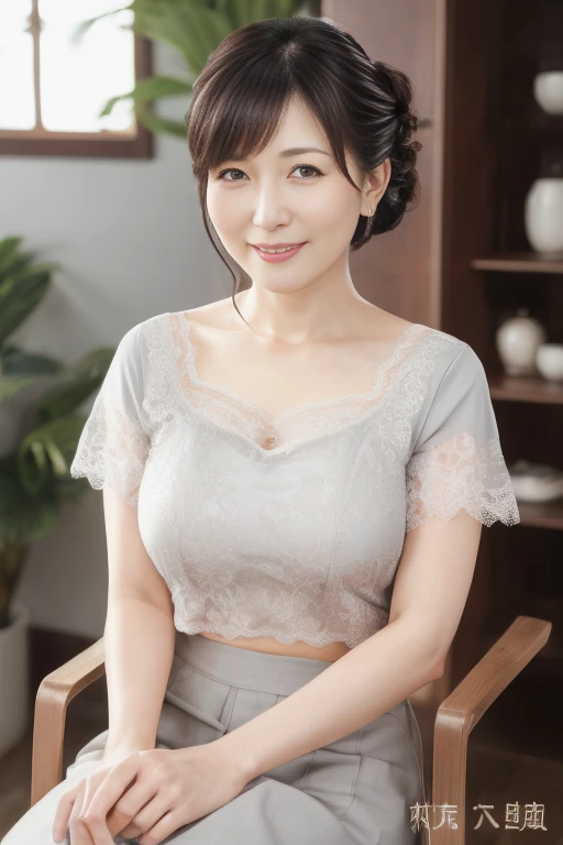 Masterpiece, best quality, photo quality, 4K high resolution, beautiful Japanese mature woman, sexy mature woman, eyes are detailed, face is detailed, cute smile, beautiful legs, perfect lighting, wearing white blouse, grey cotton tight skirt, back view, turning around and looking at the viewer, highlighting her buttocks, sitting on a chair, bra shoulder straps visible, smiling, round face, updo, bra, bangs, droopy eyes, kind eyes,