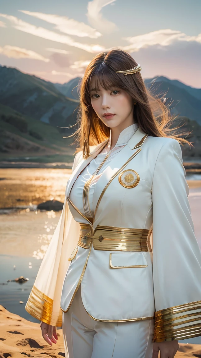 ((Masterpiece, best quality, very detailed), Volumetric light, surrounding occlusion, Rich and colorful, glow), 1 woman, lonely, young girl, (Brown bangs), long hair, radius, radius, sacred, goddess, Priesthood, (White suit with gold trim:1.3), armor, outdoor, sunset, sky, cloud, space, (Fantasy Theme:1.2),