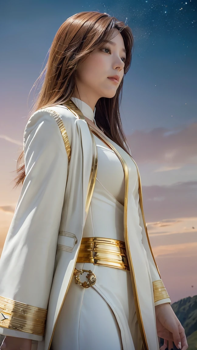 ((Masterpiece, best quality, very detailed), Volumetric light, surrounding occlusion, Rich and colorful, glow), 1 woman, lonely, young girl, (Brown bangs), long hair, radius, radius, sacred, goddess, Priesthood, (White suit with gold trim:1.3), armor, outdoor, sunset, sky, cloud, space, (Fantasy Theme:1.2),