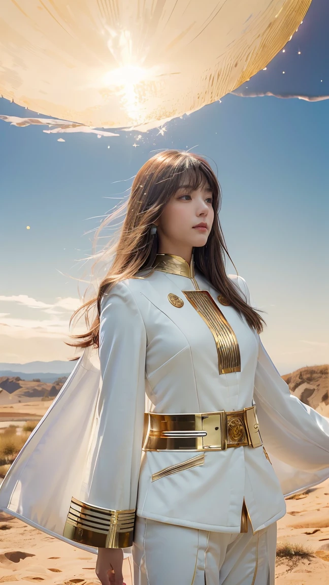 ((Masterpiece, best quality, very detailed), Volumetric light, surrounding occlusion, Rich and colorful, glow), 1 woman, lonely, young girl, (Brown bangs), long hair, radius, radius, sacred, goddess, Priesthood, (White suit with gold trim:1.3), armor, outdoor, sunset, sky, cloud, space, (Fantasy Theme:1.2),