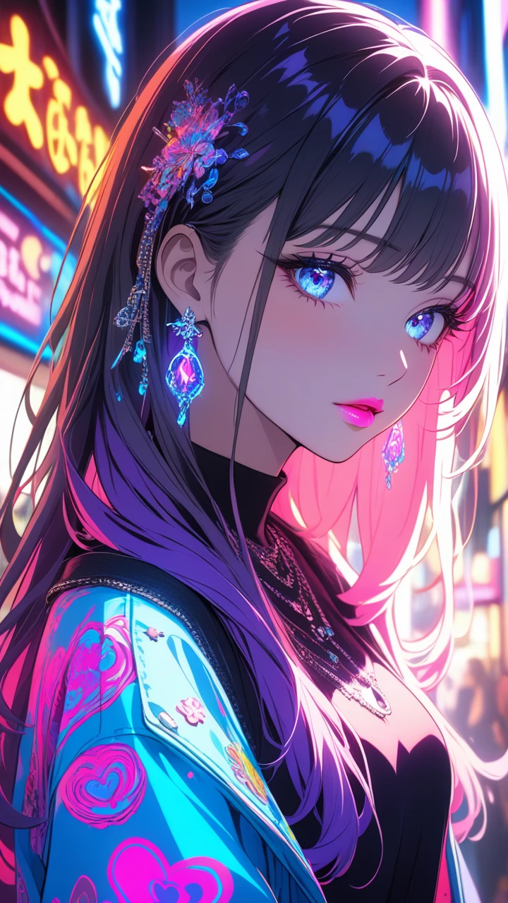 1girl, backlighting, blacklight, beautiful detailed eyes, beautiful detailed lips, beautiful detailed face, long eyelashes, glowing skin, ethereal, mystical, surreal, dramatic lighting, neon, ultraviolet, psychedelic, vibrant colors, high resolution, cinematic, atmospheric, harajuku fashion, AKIHABARA, wide angle 