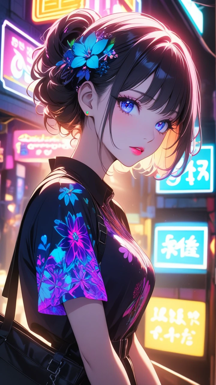 1girl, backlighting, blacklight, beautiful detailed eyes, beautiful detailed lips, beautiful detailed face, long eyelashes, glowing skin, ethereal, mystical, surreal, dramatic lighting, neon, ultraviolet, psychedelic, vibrant colors, high resolution, cinematic, atmospheric, harajuku fashion, AKIHABARA, wide angle 