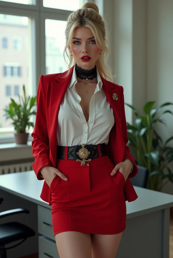 An ultra-high picture quality, Super Detail, 超A high resolution, perfect beautiful female, White shiny single hair pan, Pulled hair, Big blue eyes, Glasses, Red seductive moist big thick lips, Amorous expression, lewd expression, perfectly proportions, slender, (Red suit, Shirt, Red jacket, Red Tight Skirt, Black pantyhose), Proudly stand in front of the blackboard, crass room, Professional Lighting