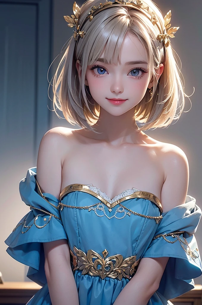 ((masterpiece, best quality, ultra-detailed, high resolution, extremely detailed CG, super detailed, Most beautiful clean lighting)), 1girl, small girl, under 12, cute girl, pretty face, smile, white skin, Beautiful gold hair, hair cut in a row, bob cut, straight hair, blur eyes, kawaii, slender, small build, kawaii, little body, Blue princess dress, divine garment, fantastic landscape, ultimate beauty