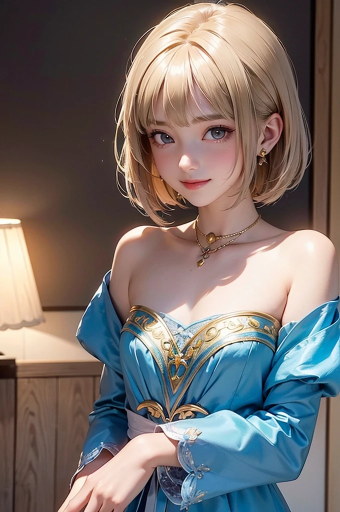 ((masterpiece, best quality, ultra-detailed, high resolution, extremely detailed CG, super detailed, Most beautiful clean lighting)), 1girl,  girl, undere girl, pretty face, smile, white skin, Beautiful gold hair, hair cut in a row, bob cut, straight hair, blur eyes, kawaii, slender, small build, kawaii, little body, Blue princess dress, divine garment, fantastic landscape, ultimate beauty