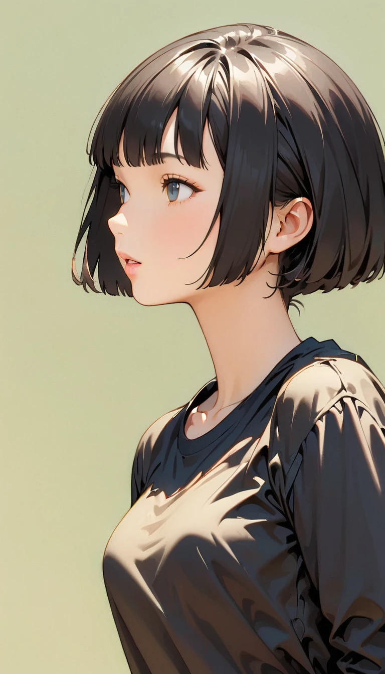 (Highest quality:1.2, Very detailed, up to date, Vibrant, masterpiece:1.2,Best aesthetics), Monochrome, girl, ((Face Up Shot:1.4)), Bobcut, ((Retro, Vintage, Plain background, Monochromeアート, Anime character line drawing)),