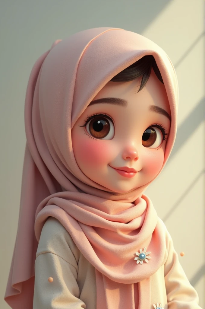 super cute girl IP by popmart,natural light,Adorable,Youthful,Animated, pixar style, pink dress and hijab, hijab style, muslim, pink background, smile, look in camera, closed lips, portrait, upper body,  away from the camera