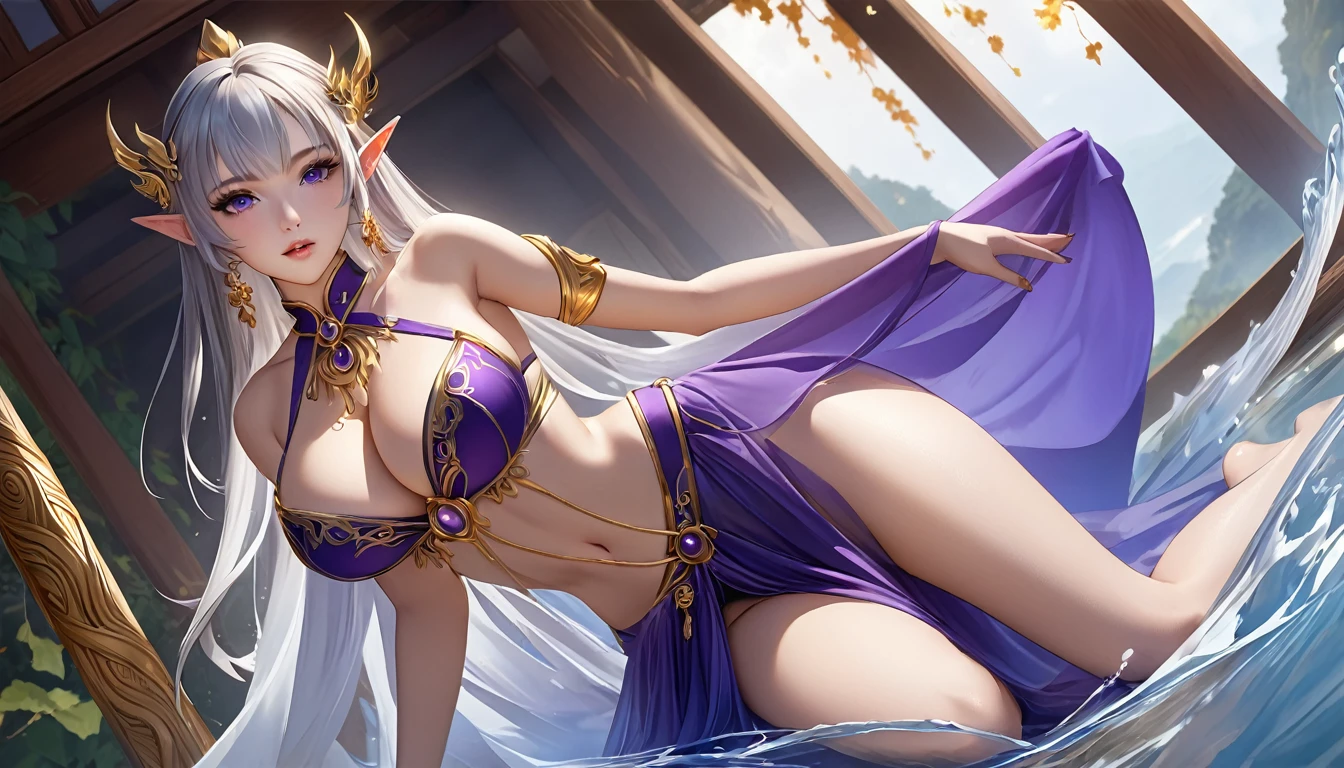 high quality,HD,16K,Sharp Line,1 Girl,fantasy, （Ice and Fire Elf）,Pretty Face, Large Breasts, Beautiful legs,In the water,Focus Girl,detailed Pretty Face,Detailed clothes,beautiful eyes,Cool,Sexy,Dynamic Angle,穿着华服的神明Strike a pose拍照, Ancient mysterious sexy goddess, Traditional beauty woman, Beautiful female warrior god of war , Beautiful sexy goddess, Gorgeous role-playing, high, Beautiful young girl, Beautiful woman, 华丽Beautiful woman, Complex clothing,Chinese Mystical Aesthetics, Beautiful goddess ancient mysterious girl, Extremely detailed shot of the goddess, Jaw-dropping sexy beauty, Big breasts deep neckline sexy belly button（butt), (bedroom), (Sexy Girls), masterpiece, best quality, Bangs, blush, Chest, clavicle, Eyebrows visible through hair, (Ombre gold hair), Jewelry, Long hair,Bright Eyes, ring, (solitary), illustration, fashionable, miss, Strike a pose, background, element, confident, Express, Accessories, majestic, striking, key point, Dynamic poses, ((plump)), (purple))Woman in transparent dress,Viewer,(((Full breasts, Keeley University))),Slim waist,(Navel exposed,Bare waist), Long hair, extreme detailed details, 详细的fantasy艺术, Stunning character art, Beautiful and exquisite character art, Beautiful transparent dress, Very detailed, Large Breasts，Chest，Golden ratio figure，Beautiful figure，Ultra wide-angle shooting，Full body shot拍摄，Body close-up，Full body shot，Wearing a pleated tulle skirt，柔和动漫illustration, 柔和的深色background，Fujifilm XT3 Clear focus, f 5.6, High Detail, Clear focus,(Wearing openwork clothing),, (Natural light), (Tempting)translucent, Good velvet quality, Compared, Divine Light,, Silver hair, 夜空background, Absolute Strength,Female Shinmei，穿着性感丝绸的Female Shinmei,，Large Breasts，Chest，Golden ratio figure，Beautiful figure，Ultra wide-angle shooting，Full body shot，Body close-up，Full body shot， Wearing a tulle dress, Model shooting style, Large Breasts，饱满Chest，Golden ratio figure，Beautiful figure，(Extremely detailed CG 8k wallpaper unit), The most beautiful artistic photos in the world, , 8K 超HD, ) ，Sexy姿态，Sexy表情，best quality,masterpiece,Ultra-high resolution,(Practical:1.4),original photo,Ultra-high resolution