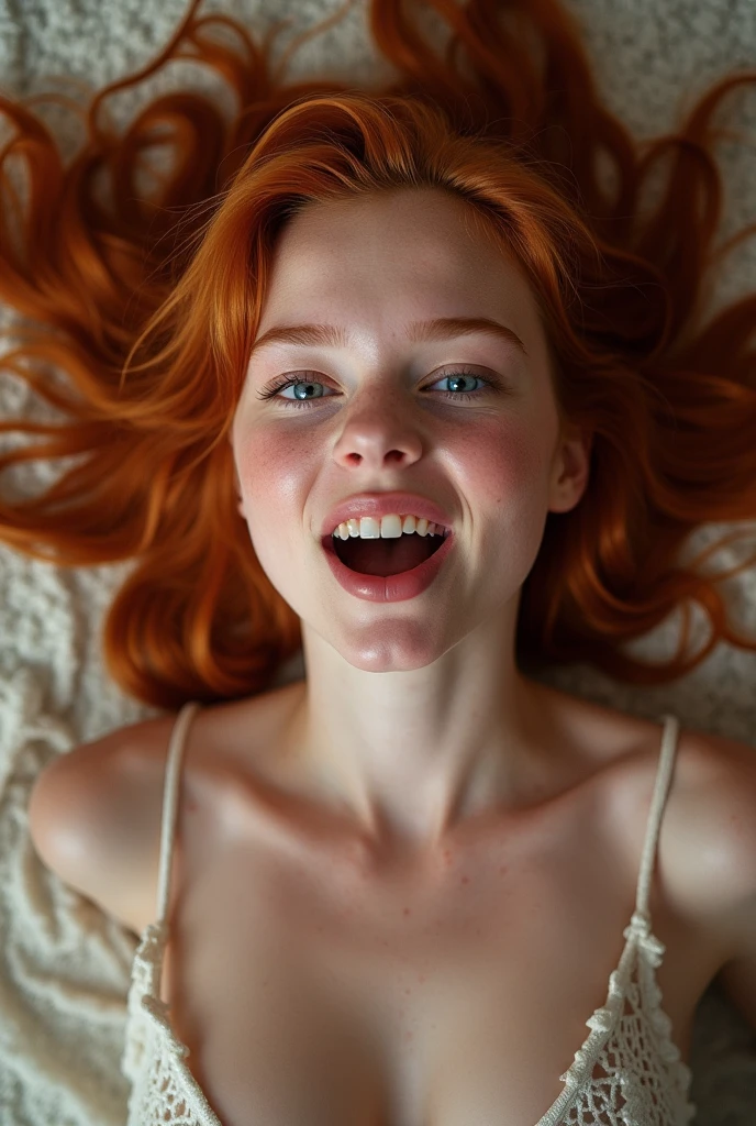 Image of a red-haired woman with green eyes, freckles on the face, completely naked with a look of pleasure.