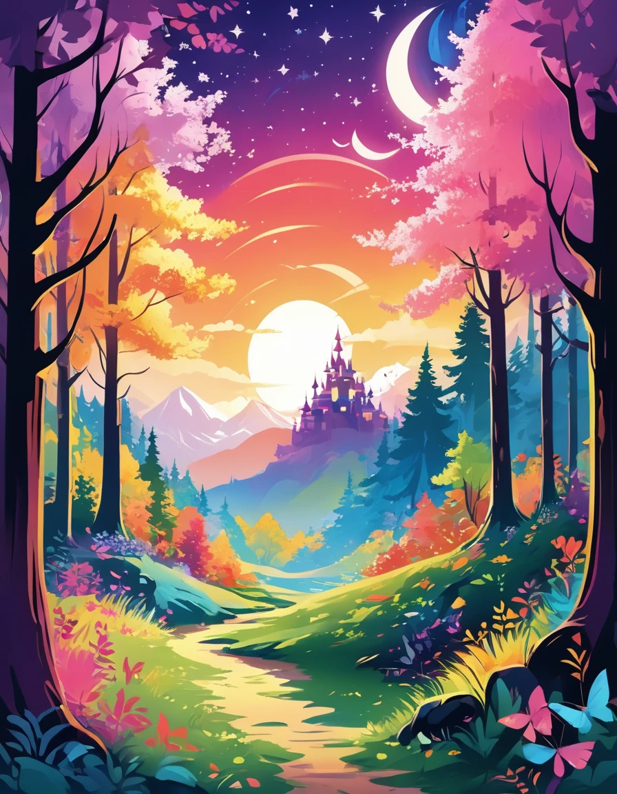 vector illustration:cute cartoon forest, null,, adobe illustrator,draw with thick lines,,cute,pop,Gentle color,Cast colorful spells,nice background image,masterpiece,best masterpiece,Light and shadow,draw carefully,,Bright colors,fantasy,fancy,rendering,magic element, ImgFixerPre0.3