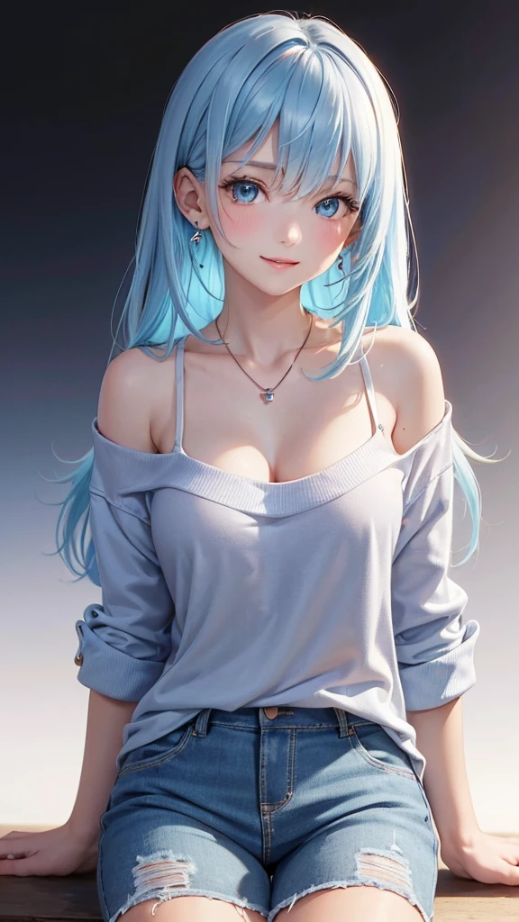 Best Quality,High resolution,8k,(plain white background, no patterns, no textures, just a plain white background:1.3),Masterpiece:1.2),beautiful girl,Shiny light blue hair,messy hair,Beautiful light blue eyes,A teenage girl in a vibrant, oversized graphic tee or tank top featuring a bold cross design with punk rock elements, such as chains or studs. She is wearing high-waisted, slightly oversized long pants in a bright color or with a punk-inspired pattern, like plaid. Footwear includes chunky combat boots or high-top sneakers with metal accents. Accessories include a studded belt, a cross pendant necklace, and spiked bracelets,Gentle look,A refreshing look,smile,Best quality,Best Quality,Aesthetic and aesthetic:1.2,Best details((Super detailed))(High-definition CG illustrations),Slender body,smile,blush,cute,Scrounge,Looking up,Being spoiled,super model