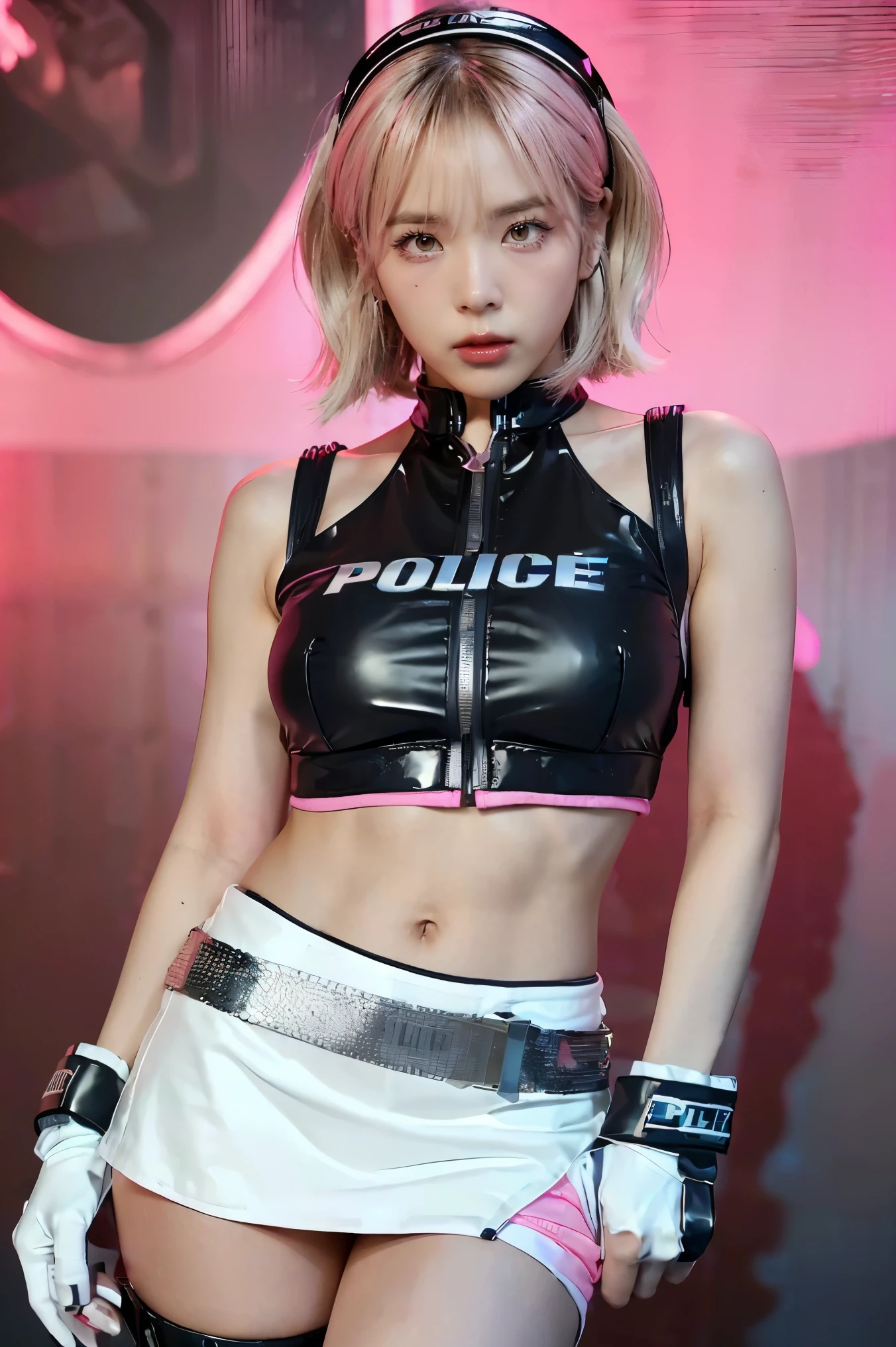 1 woman, (Highest quality, Ultra high resolution, realistic: 1.4), (cowboy shoot:1), 1 beautiful girl, (kpop idols), detailed face, (Gradient Hairstyle: Blonde:0.6 money:0.4, Full bang, Short Hair Style:1), opposite, perfect anatomy, Smooth skin, professional lighting, ((Wearing a futuristic police racing suit., Low cut mini skirt, Police badge, Pink high-tech headphones, Military-grade bulletproof vest, Racing gloves, Holding a gun with both hands.)), (The color of the fabric depends on the pink color., money, red, black.), (background, background),