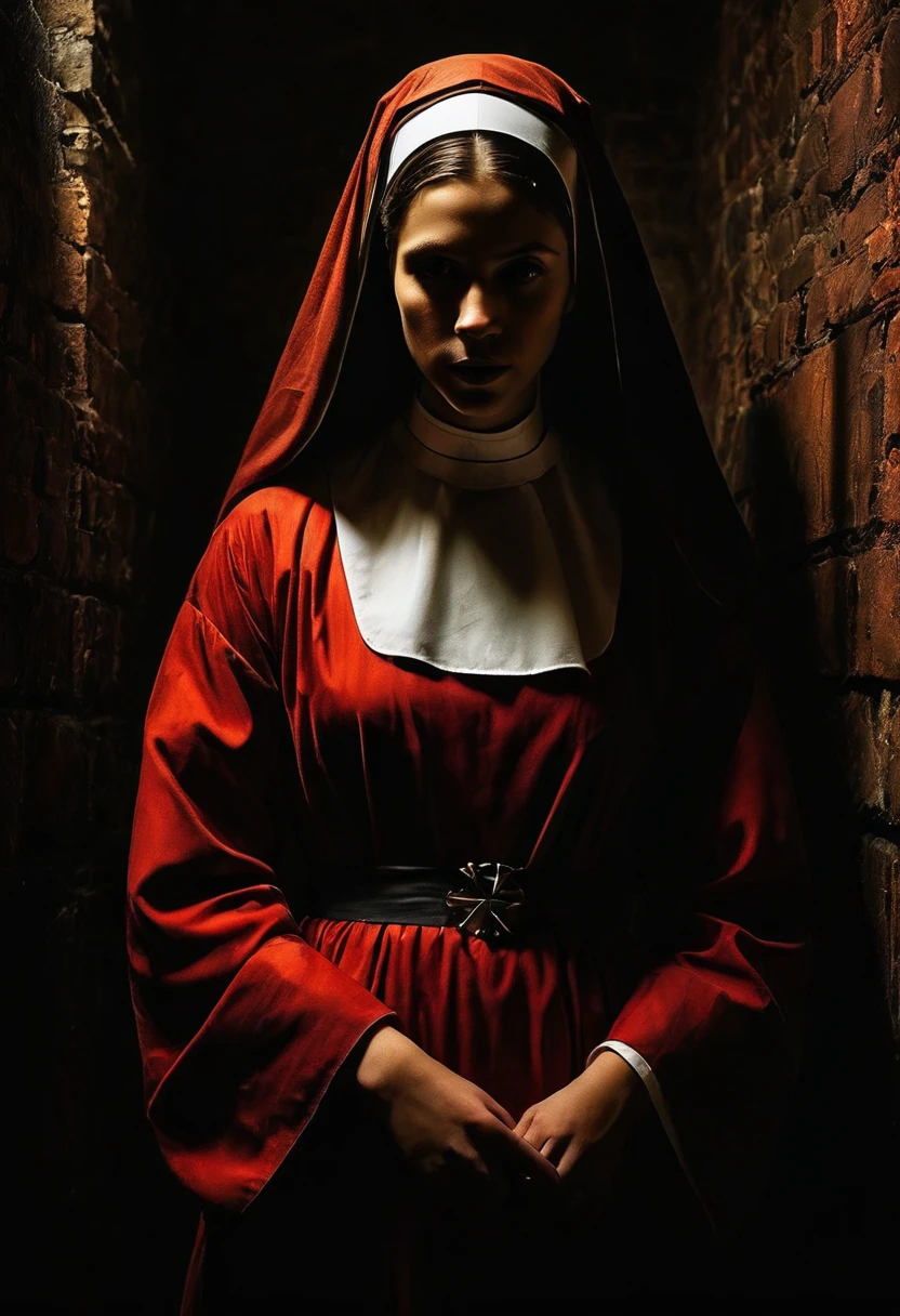 Satanic young nun possessed by a demon, creepy nun girl with a crazy look, locked in a dark and dirty cell, full body, drops of blood on clothes, horror, thick brush strokes, impasto, Albrecht Durer, Rembrandt, baroque art, alla prima, sfumato, chiaroscuro, intense light, glare, synthwave
