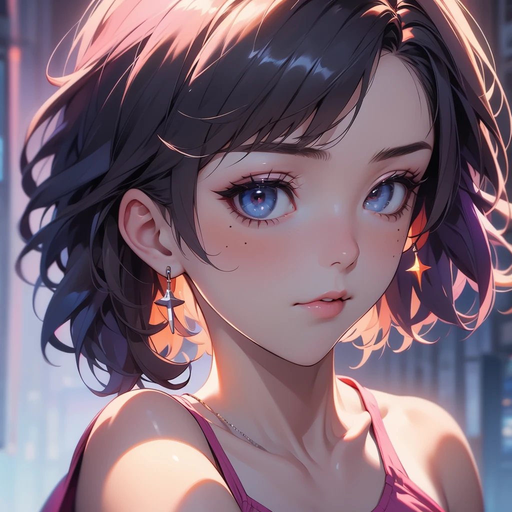 Spaghetti Strap Camisole, Hot Pants, Pink thin clothes, Slimming effect, Short curly black hair, Delicate eyes, Delicate face, Delicate skin, Strabismus, Squinting, Gentle expression, Casual background, Moles under the eyes,