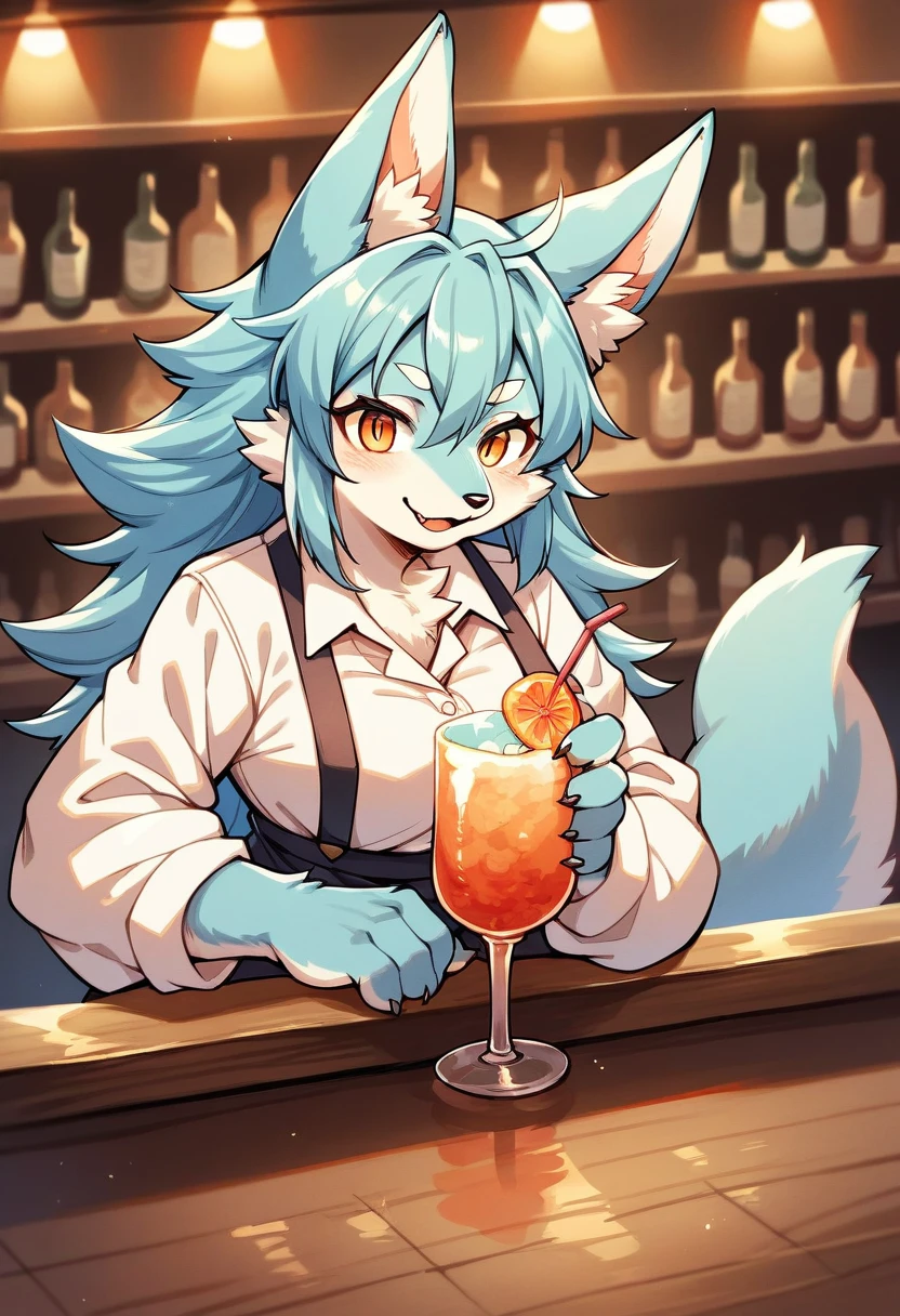 rating_safe, score_9, score_8_up, score_7_up, score_6_up, score_5_up, score_4_up, hires, highres, source_furry(1girl, Solo focus, furry anthro, kemono)bartender, bar, cocktail,