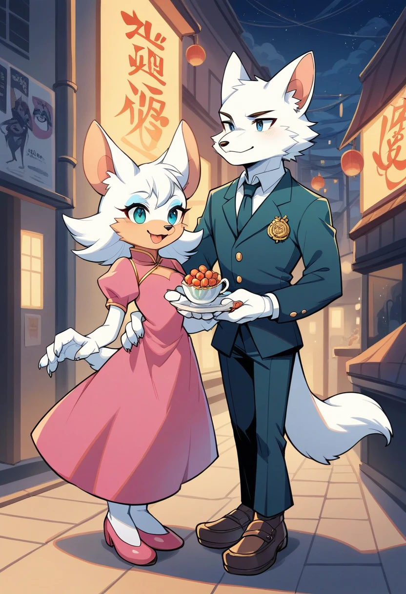 rating_safe, score_9, score_8_up, score_7_up, score_6_up, score_5_up, score_4_up, hires, highres, source_furry(furry anthro, kemono, couple, young 1male detective, 1woman in Chinese dress)movie poster, movie artwork, concept art of love, in a city street at night, moulin rouge,