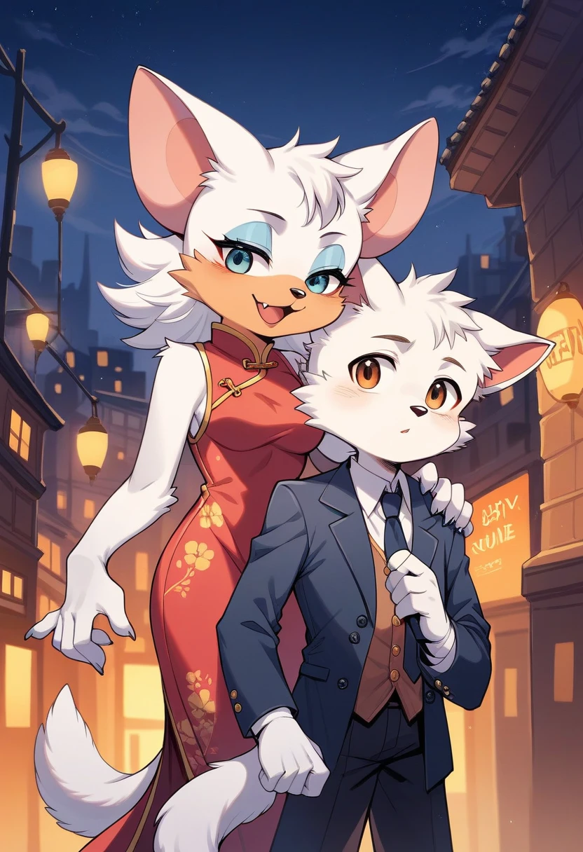 rating_safe, score_9, score_8_up, score_7_up, score_6_up, score_5_up, score_4_up, hires, highres, source_furry(furry anthro, kemono, couple, young 1male detective, 1woman in Chinese dress)movie poster, movie artwork, concept art of love, in a city street at night, moulin rouge,