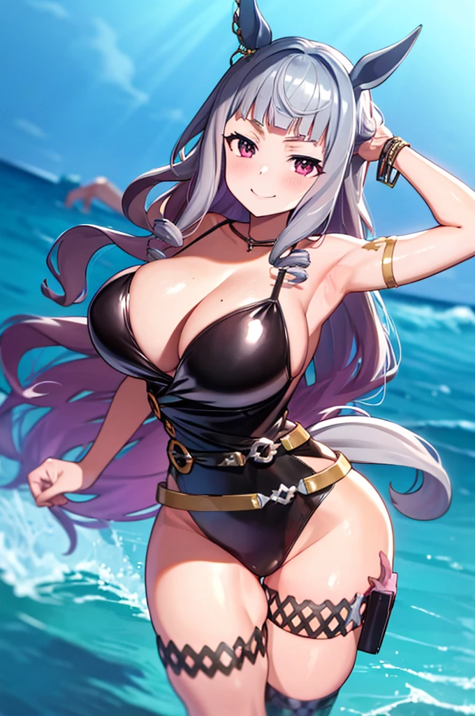 masterpiece, Highest quality:1.2), gold ship(umamusume), One Woman, alone, Cowboy Shot, Glowing Skin, smile, Gray Hair, pink eye, eyewear on head, swimsuit, black one-piece swimsuit, latex swimsuit, bracelet, tail, horse tail, thigh strap, sandals, (((Large Breasts))), Thick legs, Legs without anything, Show your armpits, Place both hands behind your head