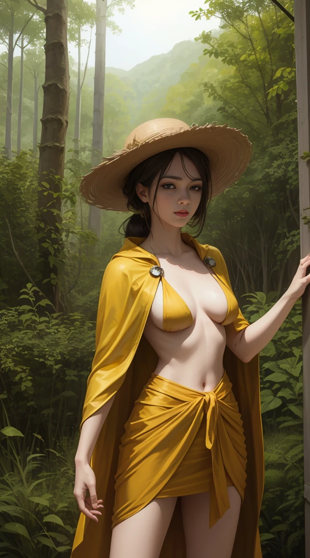  "A very realistic naked woman", "facing the camera", 8k high resolution quality, standing in a lush forest", surrounded by tall trees and dense vegetation. The colors are vibrant, com tons de verde, Yellow and red stand out. The woman is naked with a transparent cloak, very sensual fluid that blends harmoniously with the natural environment. A luz do sol penetra pelas folhas, creating a magical effect of light and shadow around her.”