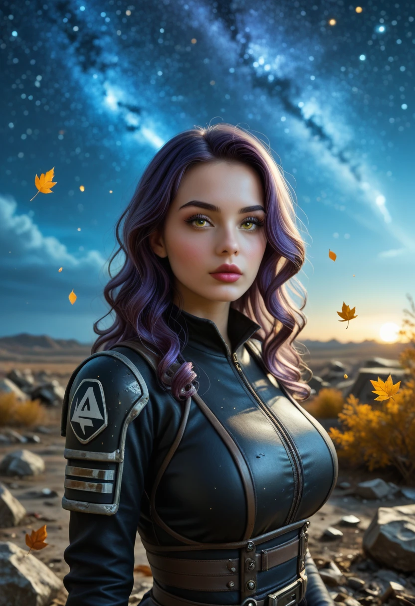 (Black_lilith, yellow eyes, asymmetrical legwear, asymmetrical clothes), 1girl, solo, large breasts,long eyelashes,thick_lips, (beautiful face, detailed face, ,
,face perfect),  outside,s, night,midnight,sky,cloud,starry sky,star (sky),battlefield, wasteland, destroyed, collapsed, rocks,fall season, welk,leaves,windy,wavy_hair,,light particles, violet hair, thin lips, black and white clothes