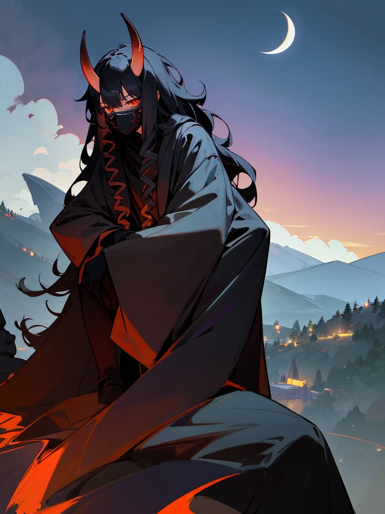 Black oni-mask,long horn,Long black coat,Black curly hair,Sitting on the mountain,at night,It&#39;s snowing