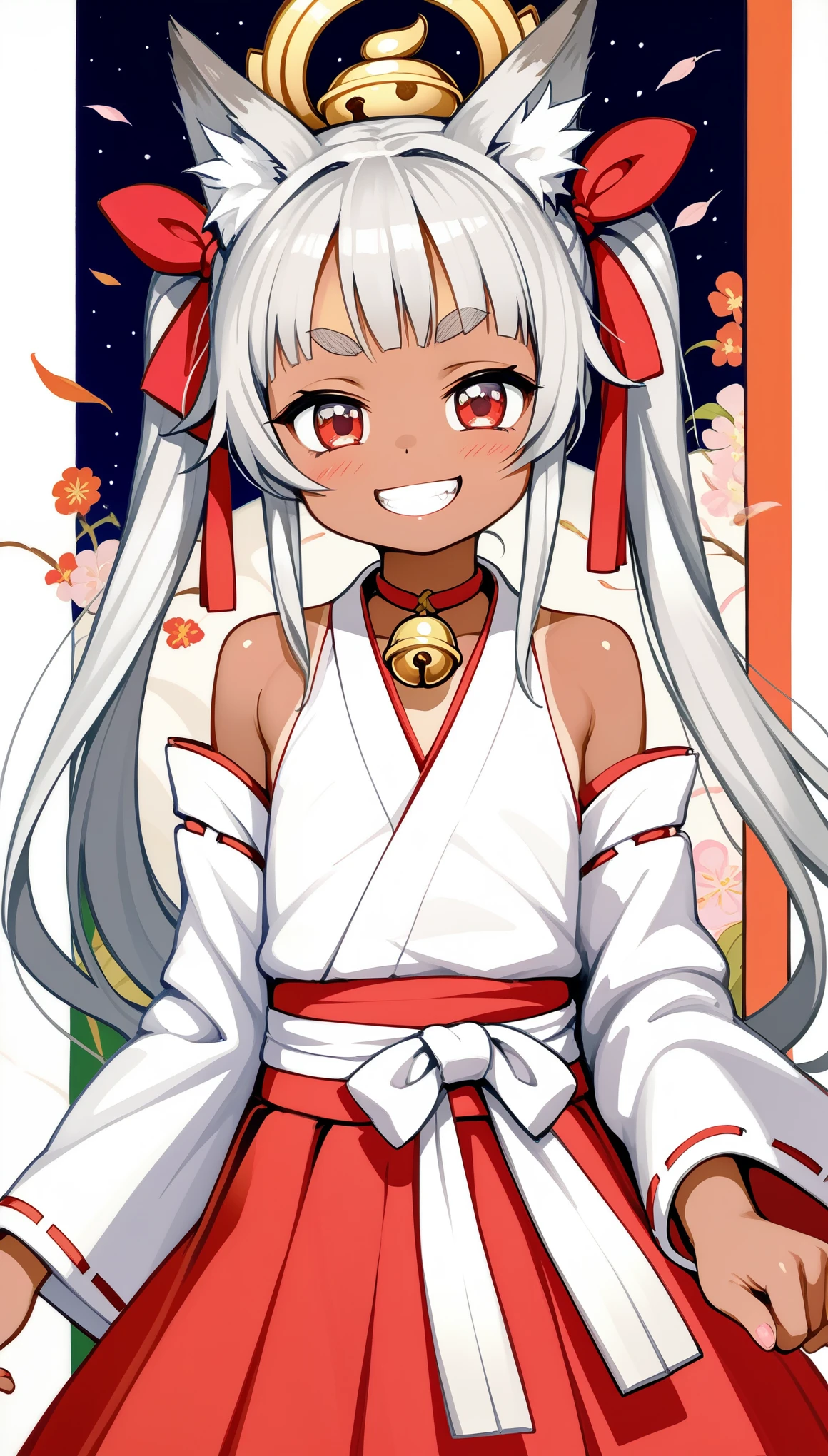 1girl, anime girls, pale skin, asanagi style, mesugaki, dark skin, tan, thick eyebrows, red eye, ((silver fox ear)), silver fox tails, Wicked Smile, evil grin,
twin tails, white Hair, Hair ribbon bell, bell choker, bimbo, ((dim body)), flat_chest, 
nontraditional miko, off shoulders, miko, red short skirt,
looking at viewer, lewd, cute, big eyes, ero, ecchi,
Score_9,Score_8,score_7_up,source_anime, rating_questionable, 
