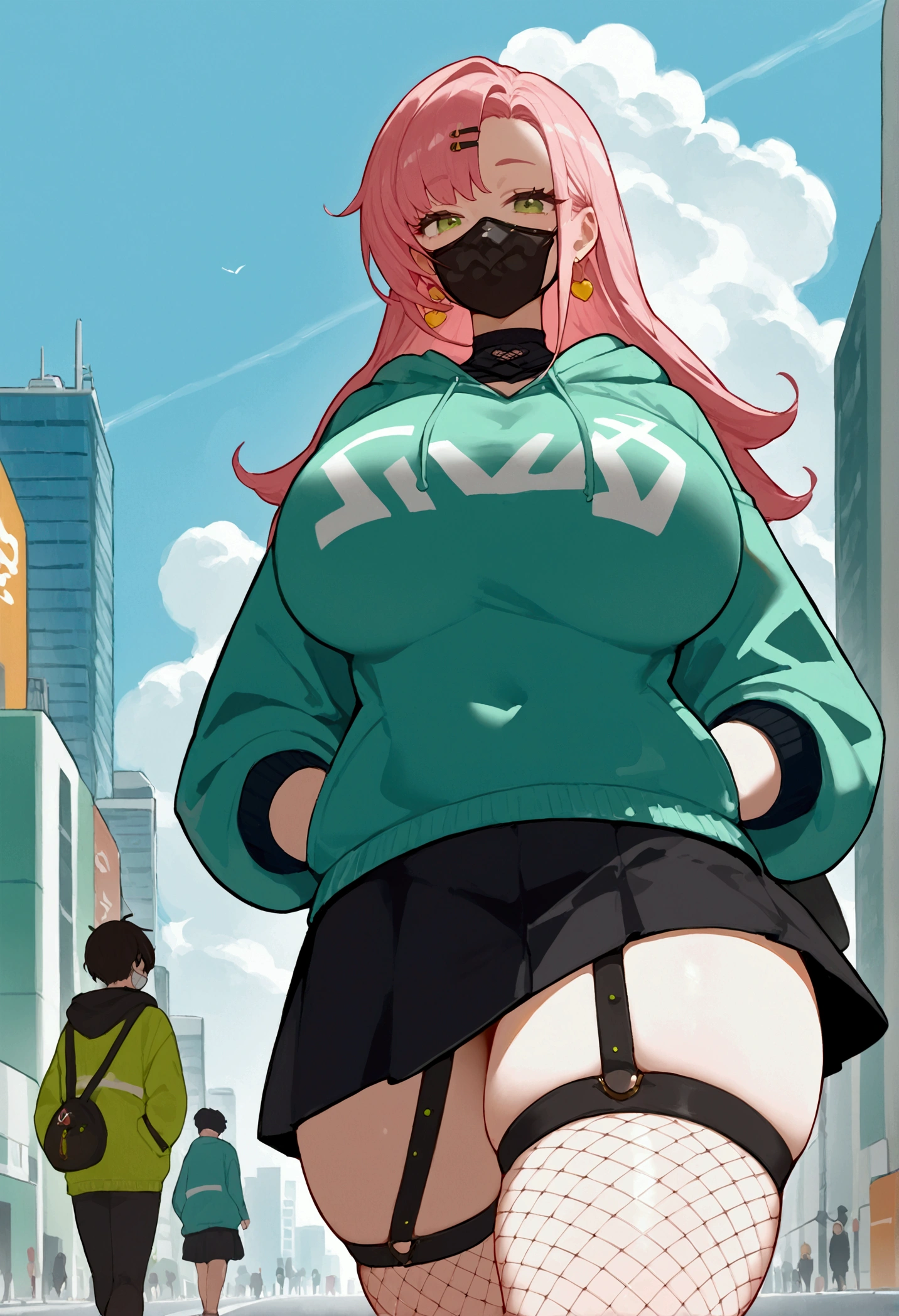 score_9, score_8_up, score_7_up, source_anime, looking at viewer, looking down, cowboy shot, Ncle, green eyes, mole under eye, earrings, jewelry, green hoodie, hood up, hands in pockets, black skirt, sunglasses, mouth mask, hoodie, pullover, fishnet pantyhose, large breasts, thick thighs, skindentation, smile, walking, city, japan, buildings, cloudy sky, day, Big breasts