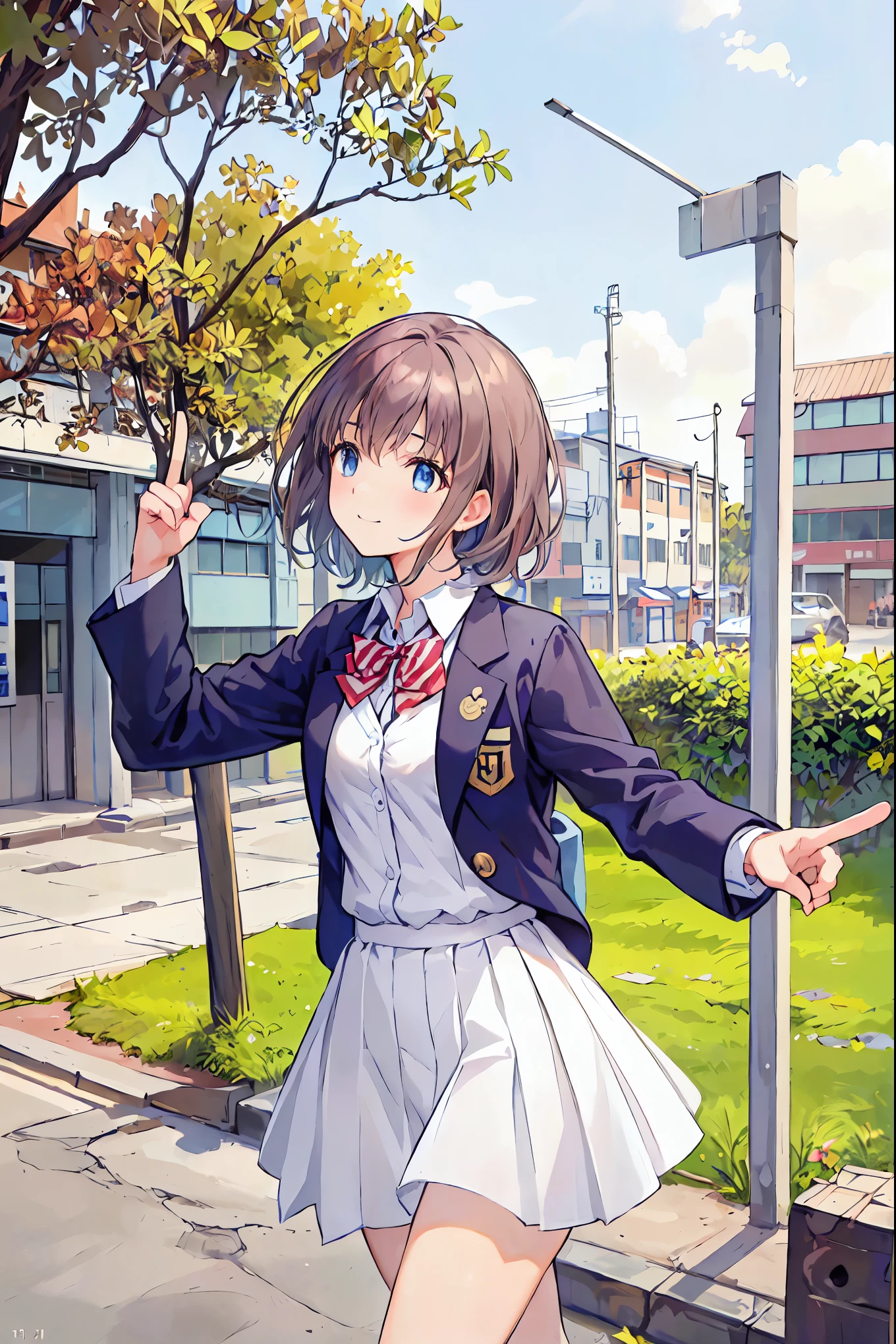 Brown Hair，Shortcuts，Messy Hair，Slender beauty，Hall々A positive attitude，Small box，Beautiful legs，Her enchanting grey-blue eyes shine like stars，(masterpiece:2.0), (Highest quality:2.0), (ミニスカート ショート丈 女子高生Blazer Uniform:1.5), (Side view:1.5), (Sexy pose:1.5), (Red face:1.3), (Realistic:1.5), 1 , Precision Small Handle, Embarrassed look, smile, Very nice girl, Innocent face, Young Face, Clear Eyes, Shining Eyes, Small Box, Beautiful Skin, peace sign，Super Resolution, Highest Resolution, Japanese high school students, Blazer Uniform，Brown Hair, 