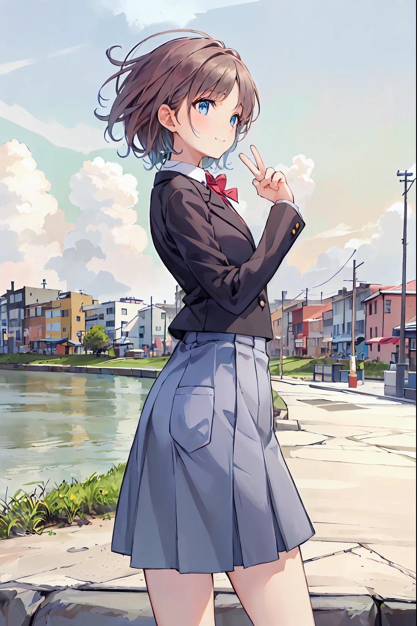 Brown Hair，Shortcuts，Messy Hair，Slender beauty，Hall々A positive attitude，Small box，Beautiful legs，Her enchanting grey-blue eyes shine like stars，(masterpiece:2.0), (Highest quality:2.0), (ミニスカート ショート丈 女子高生Blazer Uniform:1.5), (Side view:1.5), (Sexy pose:1.5), (Red face:1.3), (Realistic:1.5), 1 , Precision Small Handle, Embarrassed look, smile, Very nice girl, Innocent face, Young Face, Clear Eyes, Shining Eyes, Small Box, Beautiful Skin, peace sign，Super Resolution, Highest Resolution, Japanese high school students, Blazer Uniform，Brown Hair, 