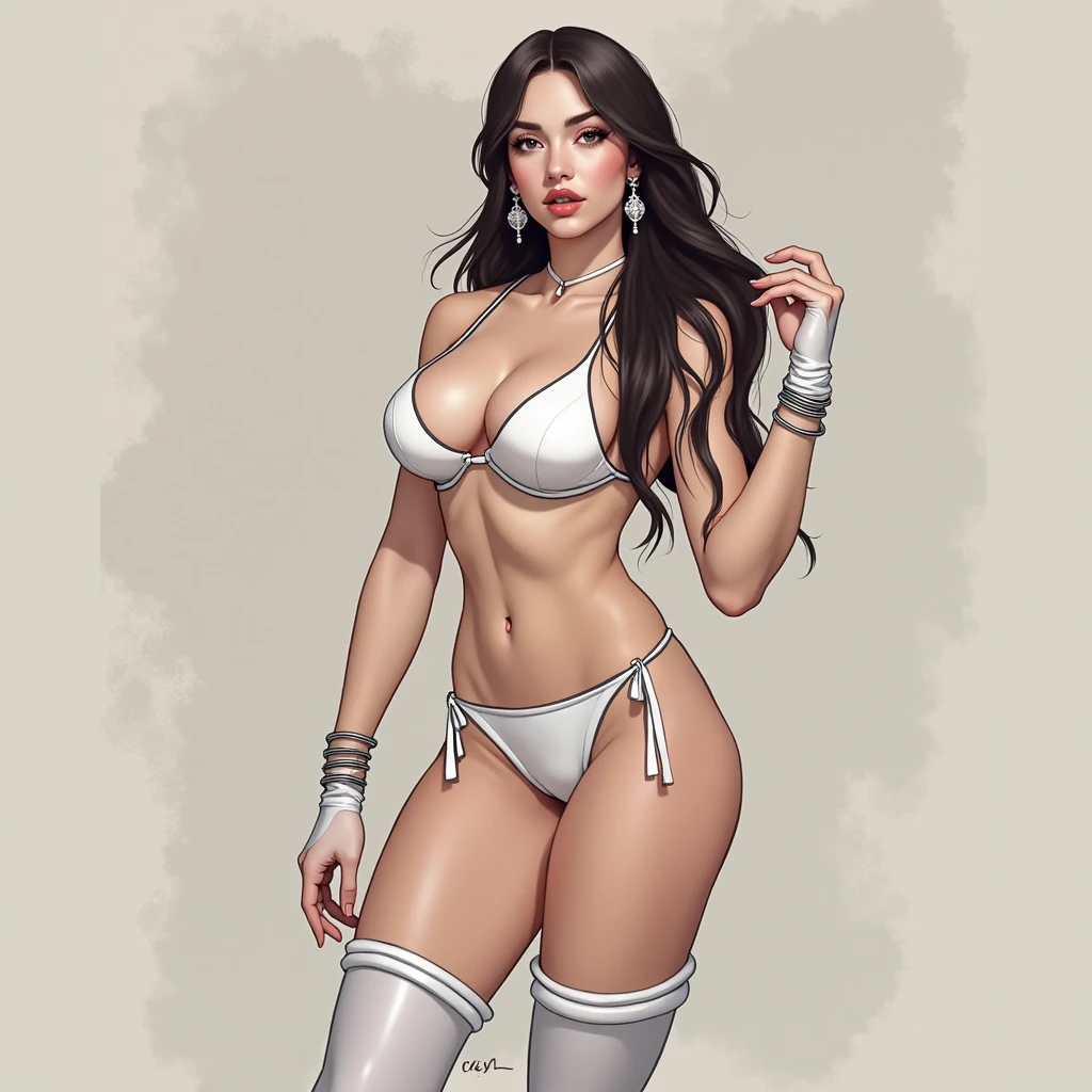 ((((masterpiece, best quality)))), ((30 year old)), (((Curvy))), ((Latina with long black hair that has curled bangs)), in ((white bra)), pulling up ((white high cut panties)), Dark eyes, ((Red lipstick)), ((Standing in a bathroom)), ((((anime art style))))
