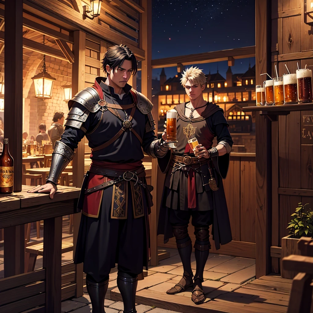 night　A magnificent medieval tavern　A warrior waiting for his friend to return with a beer or cocktail.　Vision