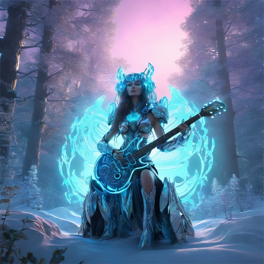 a high quality digital illustration of a cyborg guitar covered in frostbite, being held by Jensana, the Forest Guardian, magical, futuristic, fantasy art, detailed, vibrant colors, glowing elements, mystical atmosphere, surreal, 4k quality, trending on artstation