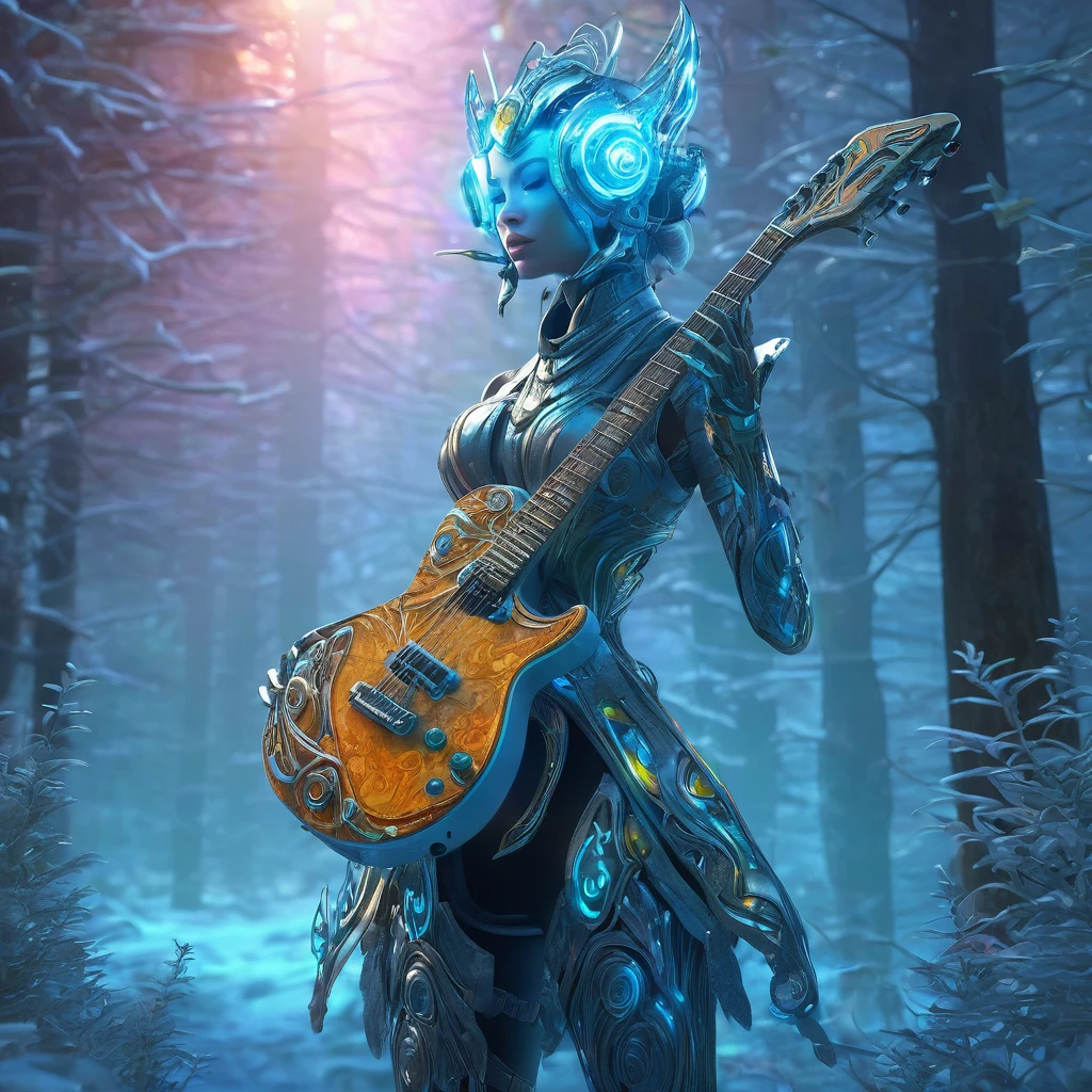 a high quality digital illustration of a cyborg guitar covered in frostbite, being held by Jensana, the Forest Guardian, magical, futuristic, fantasy art, detailed, vibrant colors, glowing elements, mystical atmosphere, surreal, 4k quality, trending on artstation