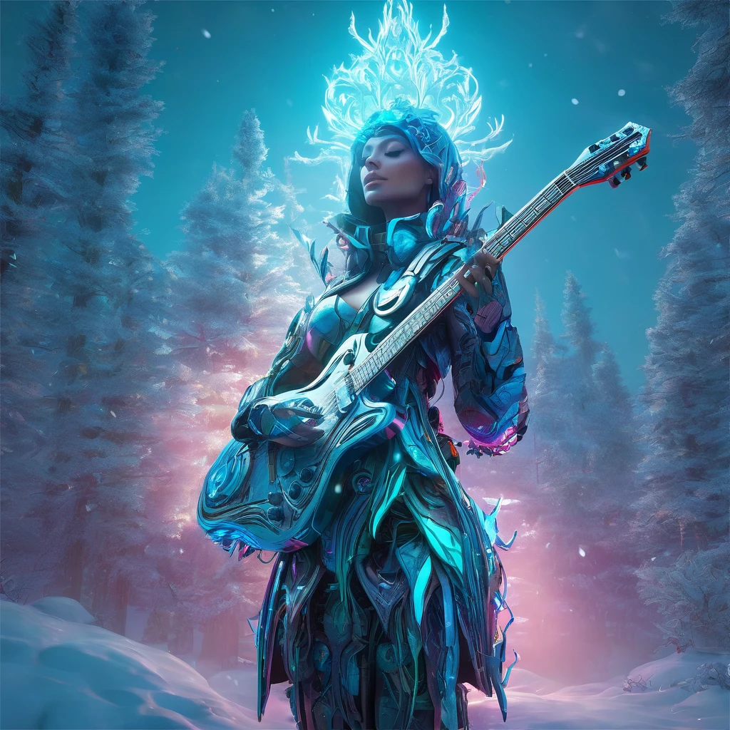 a high quality digital illustration of a cyborg guitar covered in frostbite, being held by Jensana, the Forest Guardian, magical, futuristic, fantasy art, detailed, vibrant colors, glowing elements, mystical atmosphere, surreal, 4k quality, trending on artstation