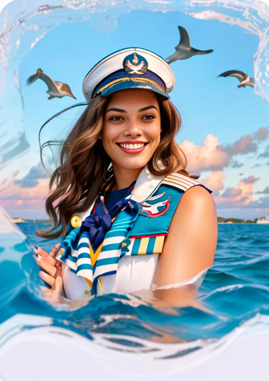 Digital drawing, best quality, 8k, of a woman, a sailor, on a boat at sea, with seagulls around her, dolphins jumping near the boat in a beautiful sunset, the woman with a navy cape and a coat also from her mother saluting, as if she were posing for a photo, with a beautiful smile and the other hand on the joystick