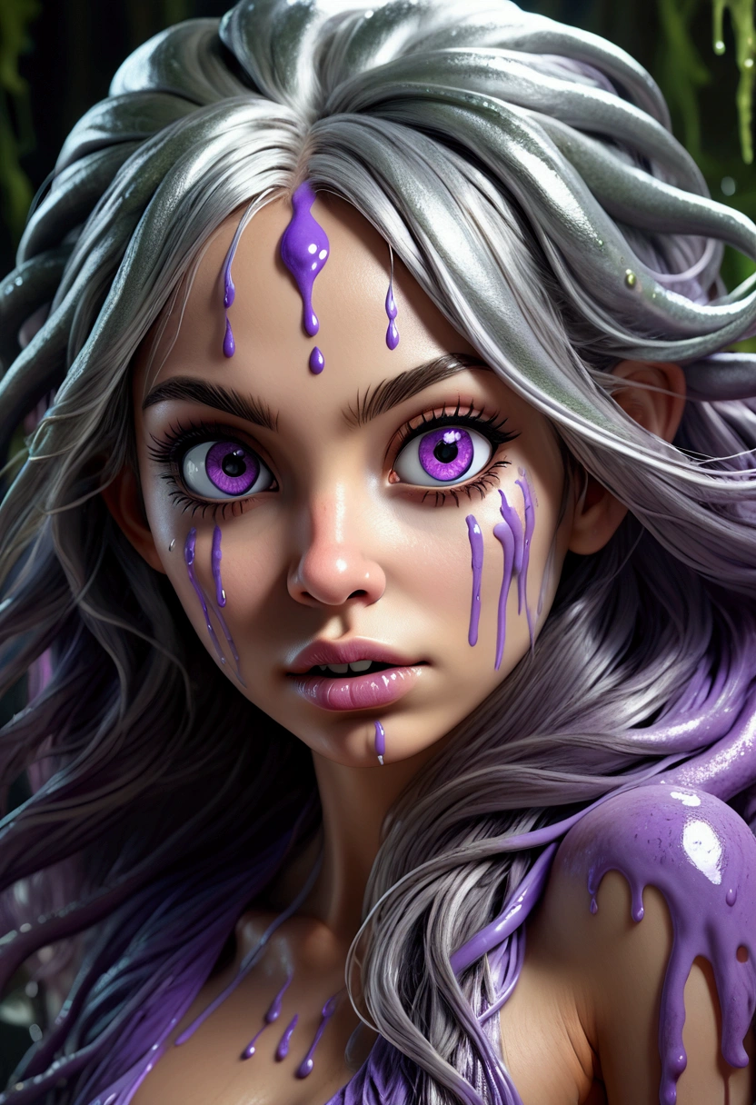 a silver purple slime monster girl, 1girl, slime monster, beautiful detailed eyes, beautiful detailed lips, beautiful detailed face, long eyelashes, slimy skin, dripping slime, glowing eyes, swirling tendrils, flowing hair, intimate pose, fantasy, magical, ethereal, vibrant colors, glowing, cinematic lighting, dramatic atmosphere, (best quality,4k,8k,highres,masterpiece:1.2),ultra-detailed,(realistic,photorealistic,photo-realistic:1.37)