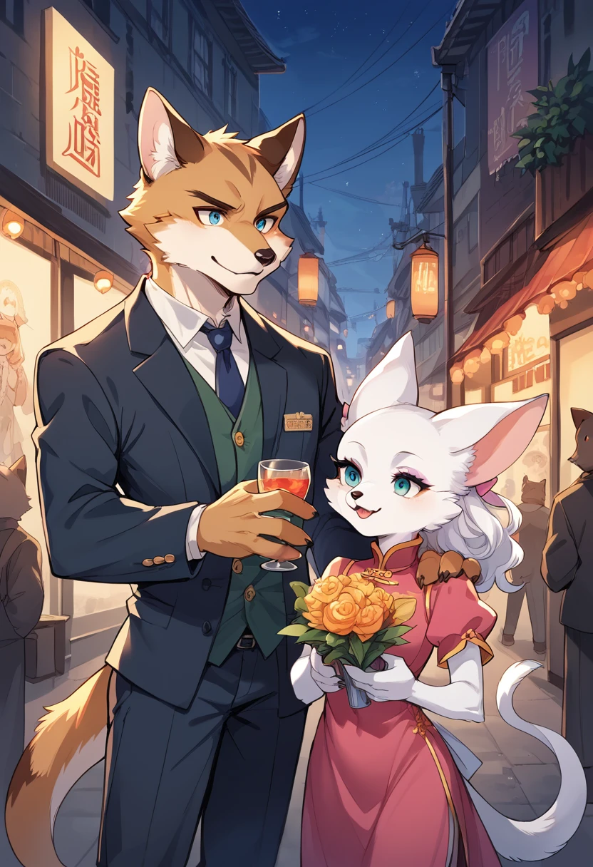 rating_safe, score_9, score_8_up, score_7_up, score_6_up, score_5_up, score_4_up, hires, highres, source_furry(furry anthro, kemono, couple, young 1male detective, 1woman in Chinese dress)movie poster, movie artwork, concept art of love, in a city street at night, moulin rouge,