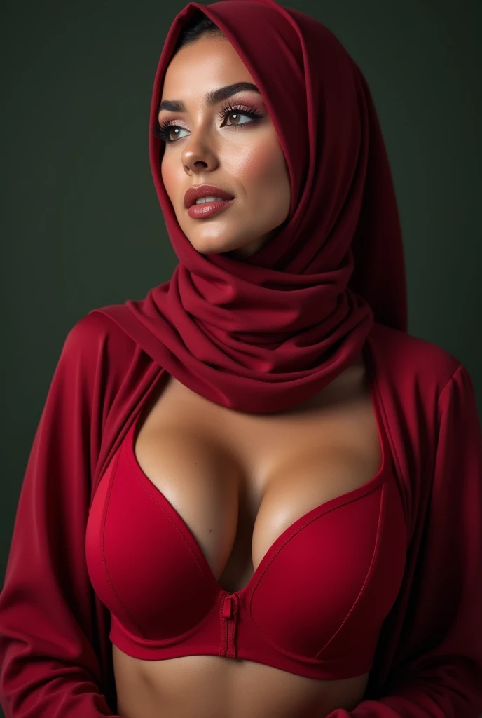 AISHWARYA RAI, (((wearing hijab))), curly hair,  (big cleavage, wide hips, navel), smooth skin, eyes browns, sorrido, vegetation, Occasional, Businesswoman style clothes, light brown blazer, realisitic, with background in a fancy restaurant, 8k super realisitic, super detalhado e realisitic, red lips, big ,