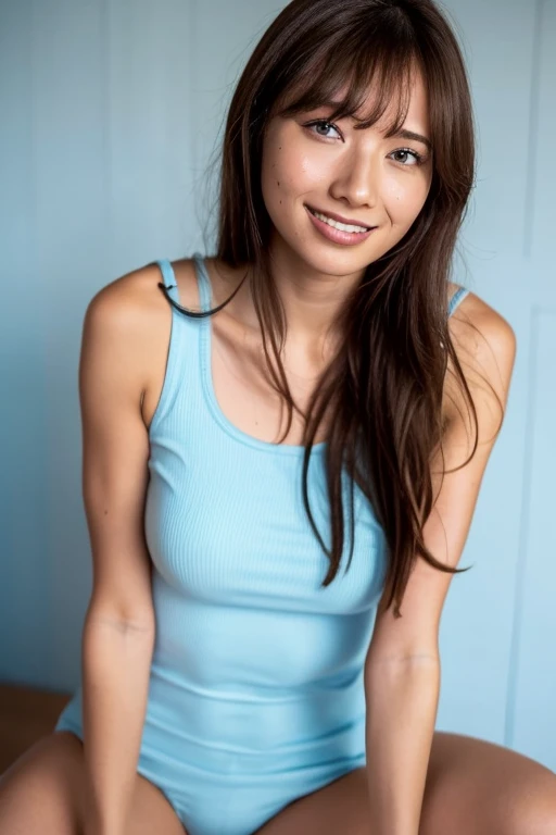 One girl, Beautiful woman,Tank top,Light blue panties, skinny, Perfect body,  Flaxen Hair, Standing in a photo studio with white walls,  Highly detailed face, Beautiful Eyes, Beautiful Lips, double eyelid, A shy smile, Shorn bangs, Sunburned skin, Pubic Hair Tips, (Highest quality, 8k, masterpiece:1.3), front and full body shot, Pussy Line, Positive, Spread your legs wide