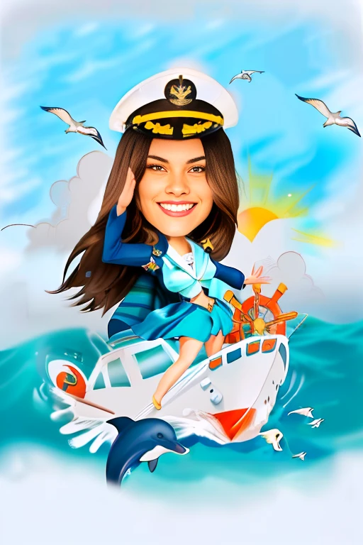 Digital drawing, best quality, 8k, of a woman, a sailor, on a boat at sea, with seagulls around her, dolphins jumping near the boat in a beautiful sunset, the woman with a navy cape and a coat also from her mother saluting, as if she were posing for a photo, with a beautiful smile and the other hand on the joystick